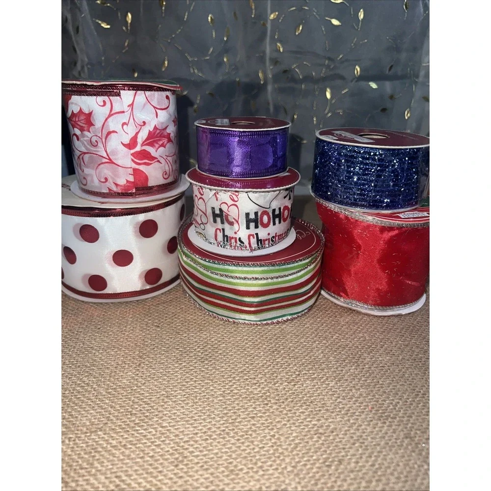 Lot 7 Christmas Ribbon Rolls Wire Edged Holiday Time Maker's Holiday Multicolor